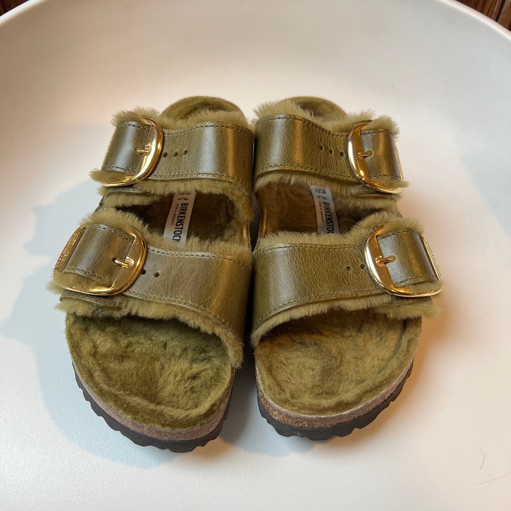 Birkenstock Olive Green Furry Arizona Sandals with Gold Buckles